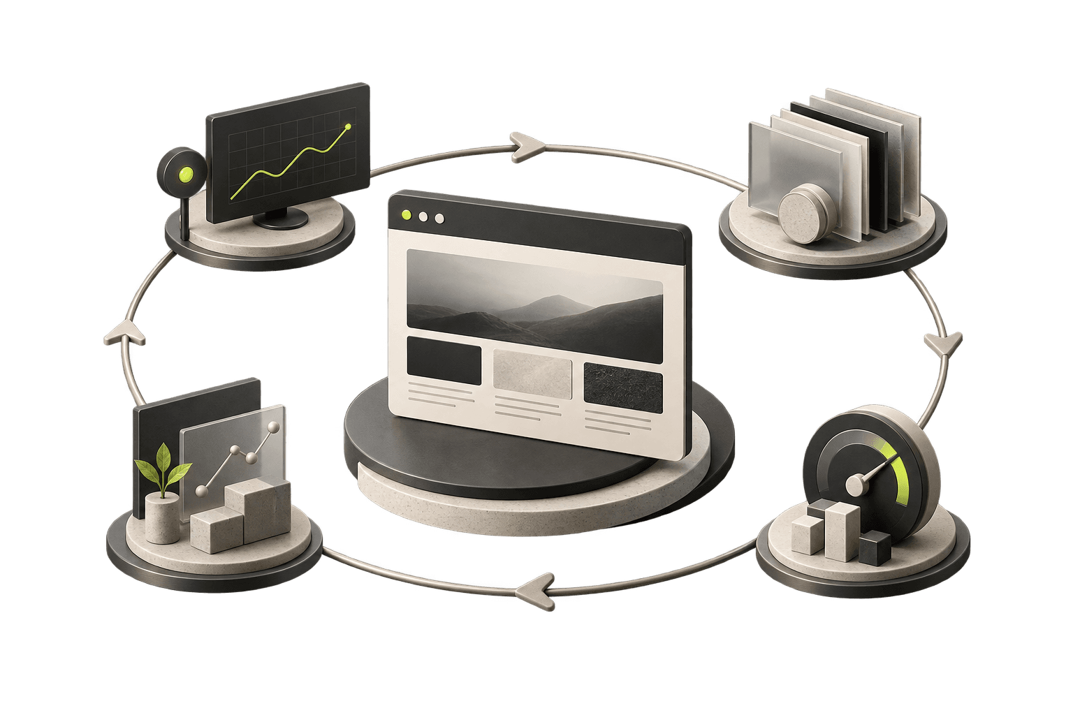 Abstract illustration of a website at the centre of a continuous loop of four care activities: performance charts, stacked backups, a speed gauge and a growth chart.