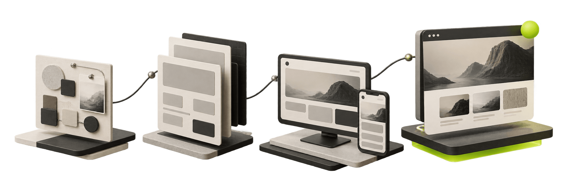 Abstract illustration of four stages of a website project, left to right: a mood board, a page wireframe, a desktop and phone layout, and a finished browser window.